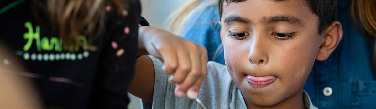 A young boy concentrates as he takes part in a workshop.
