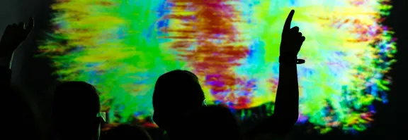 Pupils in silhouette point to a 3D-generated image on flythrough a human body