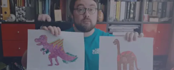 Presenter Sam holds up dinosaur designs