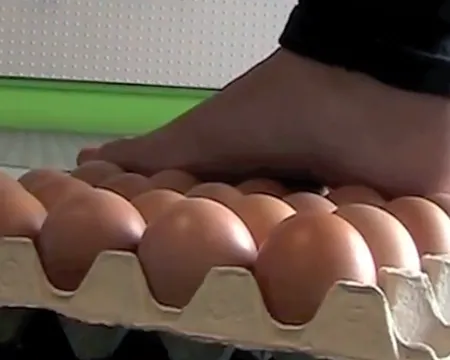 A foot on top of a tray of eggs