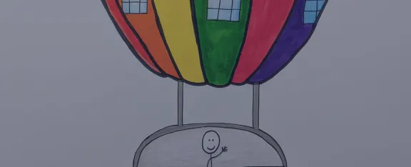 A colourful drawing of a balloon with a cabin carrying a person