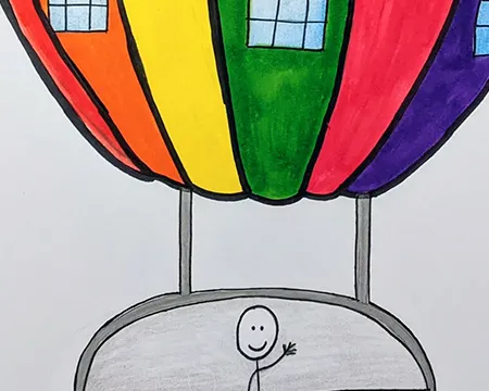 A colourful drawing of a balloon with a cabin carrying a person