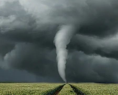 A tornado over a field of crops