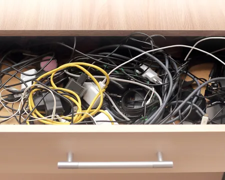 USB chargers and wires tangled and in chaos in drawer