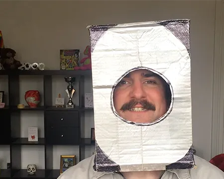 Presenter Niall wears a homemade space helmet