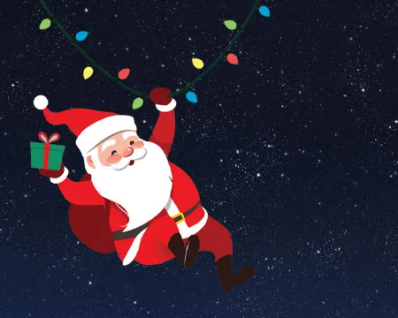 Illustrated Santa Claus hangs from a string of lights in front of an image of the night sky