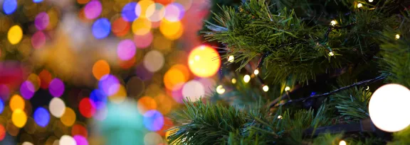 Light bulb on the Christmas tree with colourful bokeh background