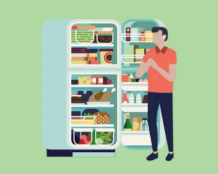 Illustration of person looking in fridge on green background