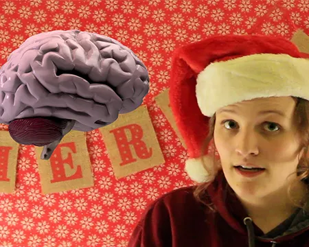 Iris wearing a Santa hat alongside a picture of a brain