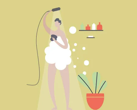 Illustration of person using the shower on yellow background