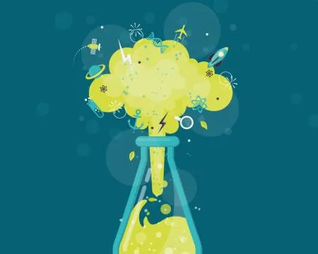 An illustrated flask with science bursting out of it