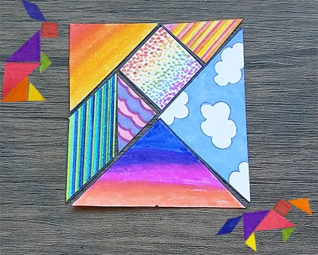 A colourful tangram and examples of animals made with the shapes