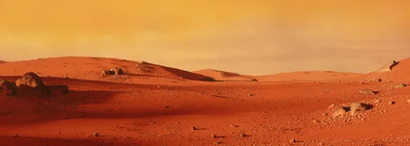 landscape on planet Mars, scenic desert scene on the red planet, 3D space illustration