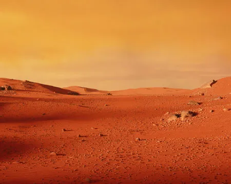 landscape on planet Mars, scenic desert scene on the red planet, 3D space illustration
