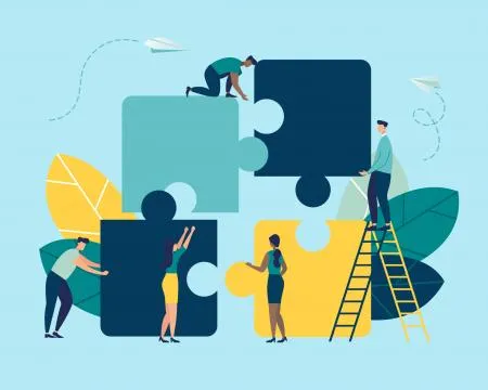 An illustration shows people lifting pieces of a jigsaw into place