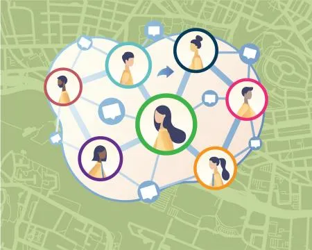 An illustration shows a number of people working collaboratively across the city.