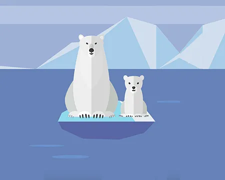 An illustration shows a polar bear and cub on ice floating in water.