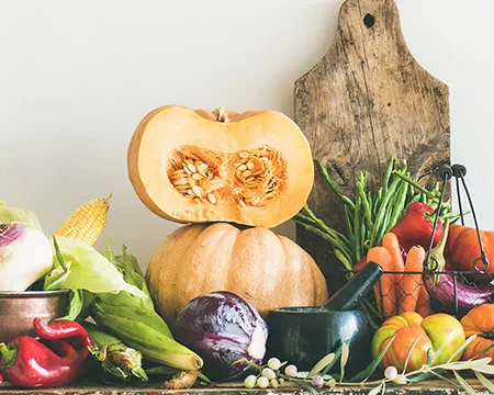 A selection of fruit and vegetables on a table