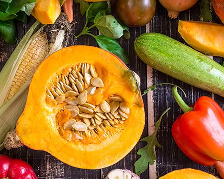 A selection of fruit and vegetables on a table