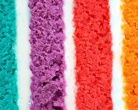 Colourful layers of cake separated by icing