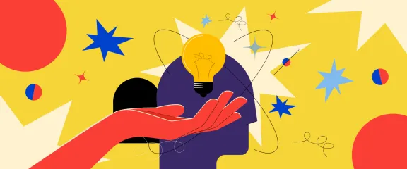 An abstract block-colour illustration shows a hand holding a light bulb over a head. Around it are stars, squiggly lines and circles.