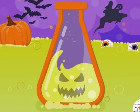 Eyeball and haunted conical flask floating on green bubbly liquid 