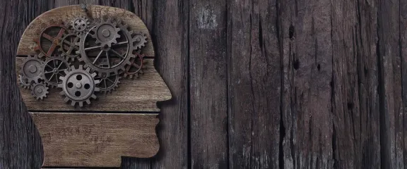 A wooden head with a brain represented by cogs and gears