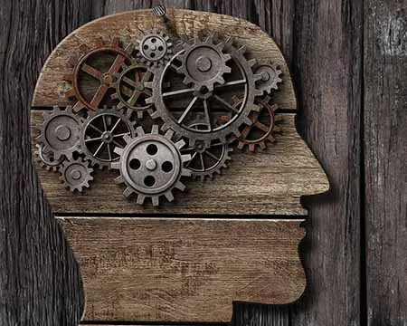 A wooden head with a brain represented by cogs and gears