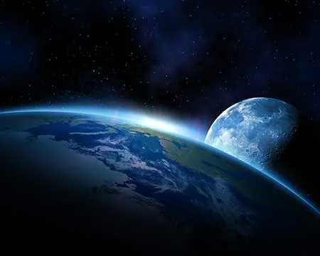 A view from space over the horizon of a planet towards another