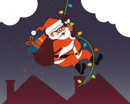 Santa swinging on Christmas lights above the housetops