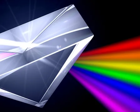A spectrum of colours emerges from a beam of light passing through a clear prism