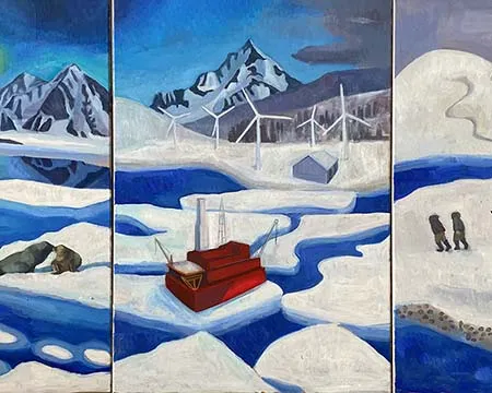 A triptych painting depicting the changing Arctic. 