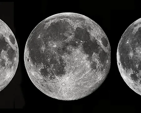 The phases of the Moon - a series of photos of the Moon aligned horizontally ranging from crescent, through full, back to crescent.