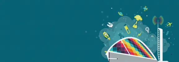 An illustration of Glasgow Science Centre with 'science' icons flowing out of it