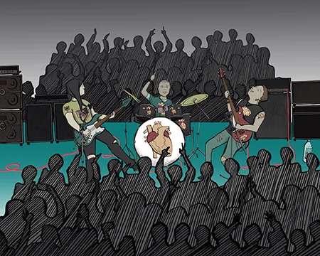 Asset for 'The Three Brains' using a rock band to explain how the mind-body connection works