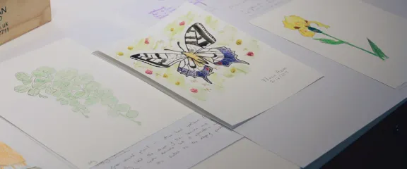 Community artwork shows a butterfly and plants with written descriptions