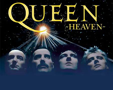 Queen Heaven - the 4 members of Queen look up against a starry background