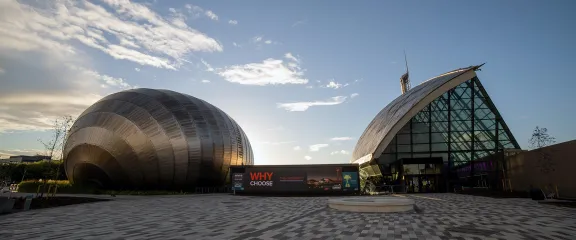 Looking towards Glasgow Science Centre at sunset