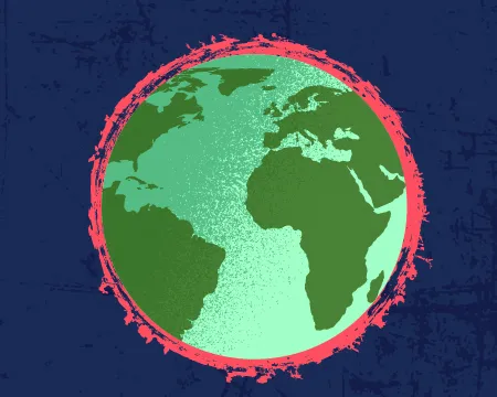 An illustration of Earth from space surround by a red haze.