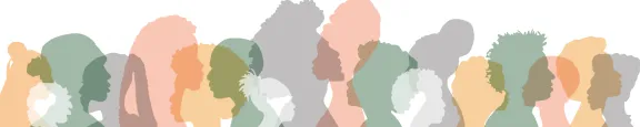 Differently coloured silhouettes of people stand side by side together.