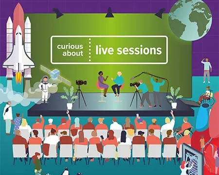 Illustrated image of a live session on stage watched by an audience and surrounded by rockets, planets, and human body parts.