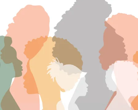 Differently coloured silhouettes of people stand side by side together.