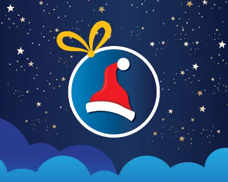 An illustrated Christmas bauble with a Santa hat