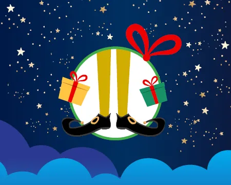 An illustrated Christmas bauble with 'elf' legs and gifts