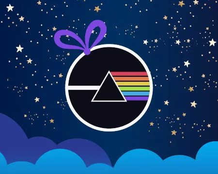 An illustrated Christmas bauble with beam f white light passing through a prism and emerging as a spectrum.