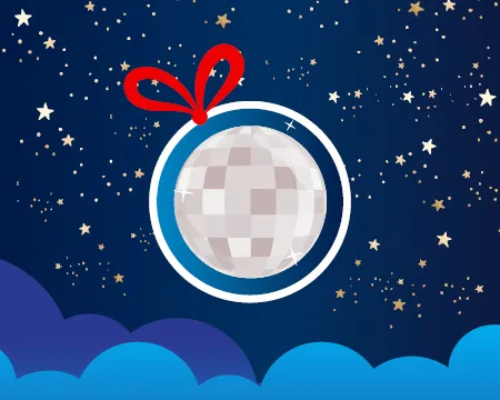 An illustrated Christmas bauble with a mirrored disco ball.