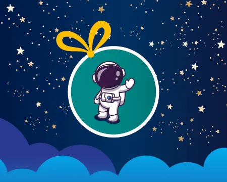 An illustrated Christmas bauble with a toy astronaut