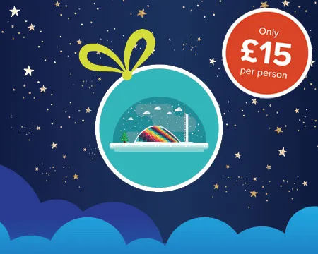 An illustrated Christmas bauble with a snowglobe featuring Glasgow Science Centre. A red sticker indicated price of £15 per person.