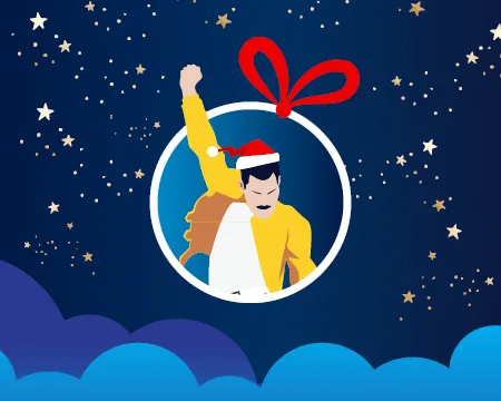 An illustrated Christmas bauble with a musician holding up their arm