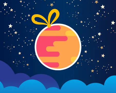 An illustrated Christmas bauble with orange and red colouration to represent a planet